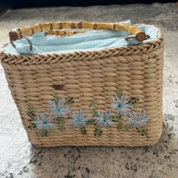 🧡3/15 Straw Bag Bamboo Handles Floral Embroidery Lined Zipper - Picture 2 of 10